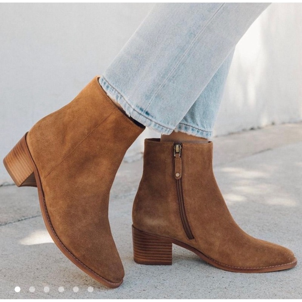 Soludos "Fulton" Suede Ankle Boots Brown Side Zip Block Heel Size 9.5 / 40.5